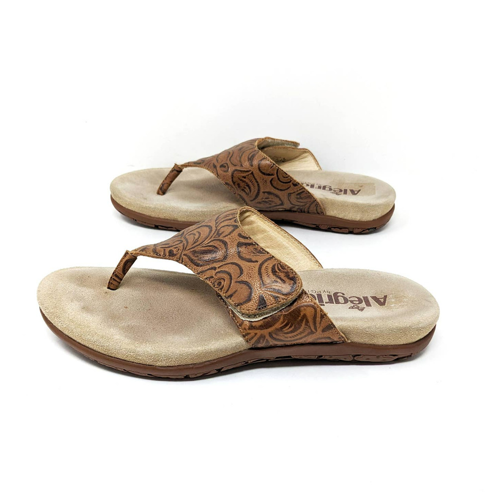 Alegria Womens 6/6.5 Molly Thong Sandals Brown Leather Embossed Comfort Slip On